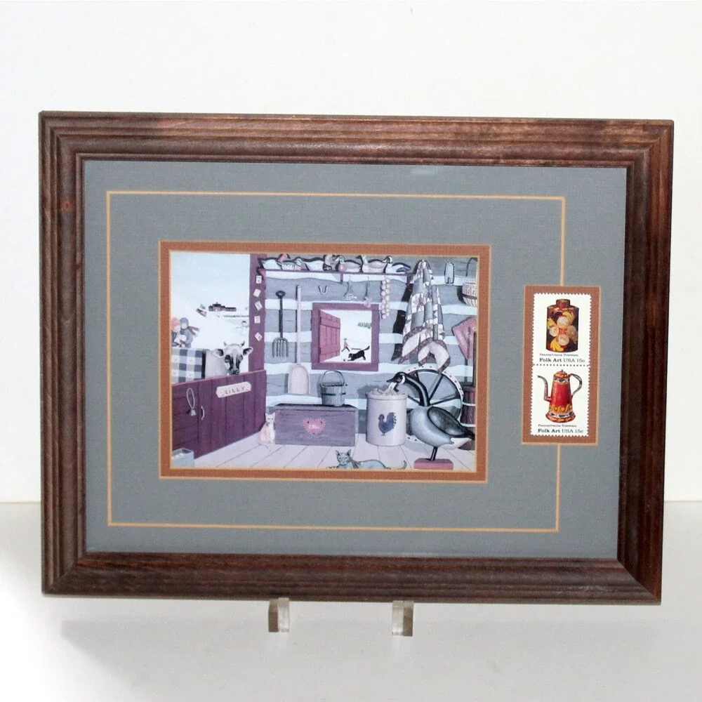 Folk Art USA USPS Stamps + Card Framed Pennsylvania Toleware decor primitive